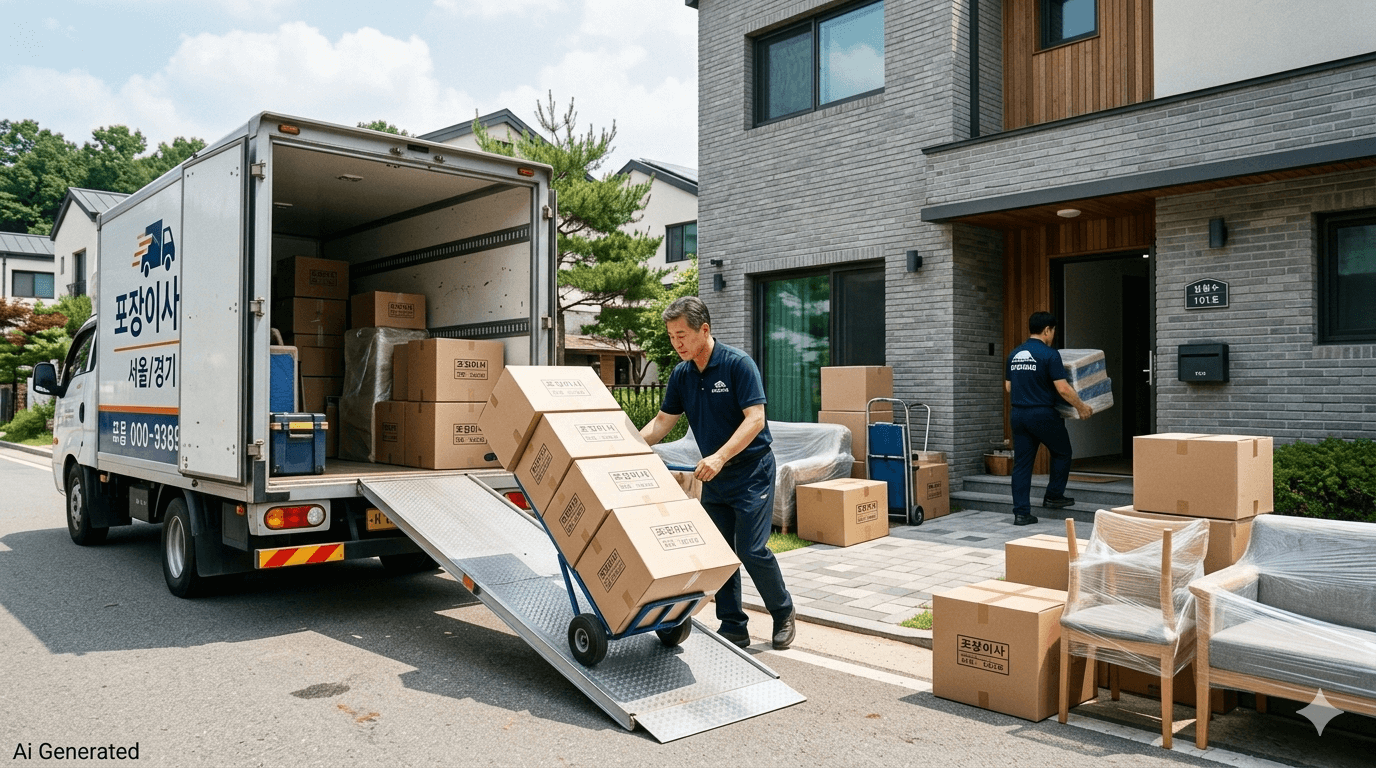 포장이사 전문 업체가 주택 앞에서 이삿짐 상자를 트럭에 싣고 있는 모습