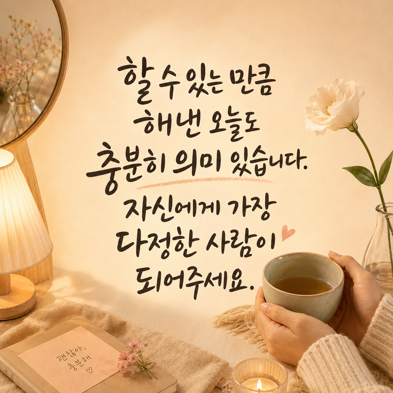 오늘도 충분히 잘했다는 자기 위로 캘리그라피 문구