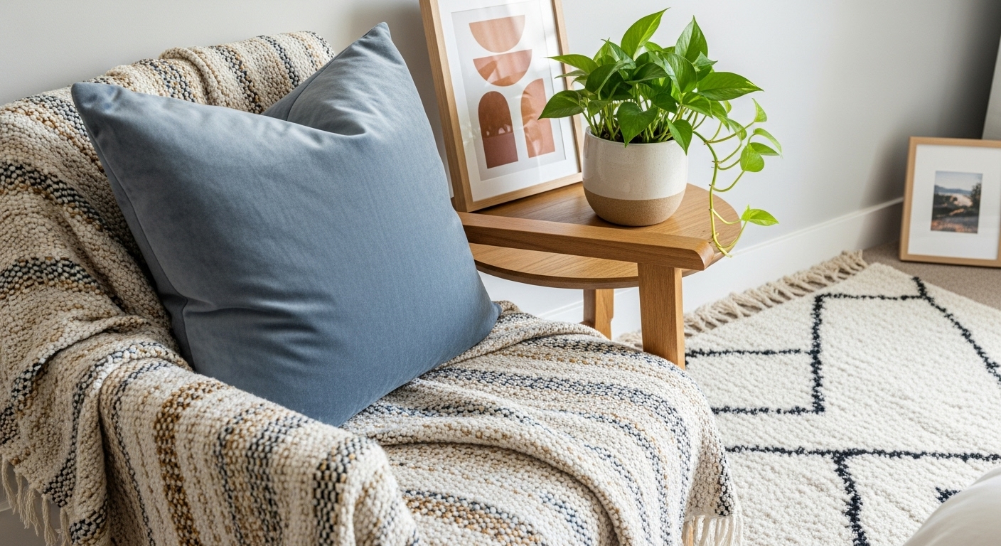 블루-그레이 쿠션이 놓인 의자와 작은 식물, 액자가 어우러진 월세집 코너. 다양한 패브릭과 소품으로 감성을 더한 모습.