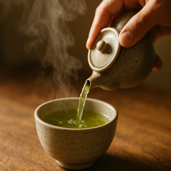 따뜻한 녹차를 컵에 붓고 있는 장면