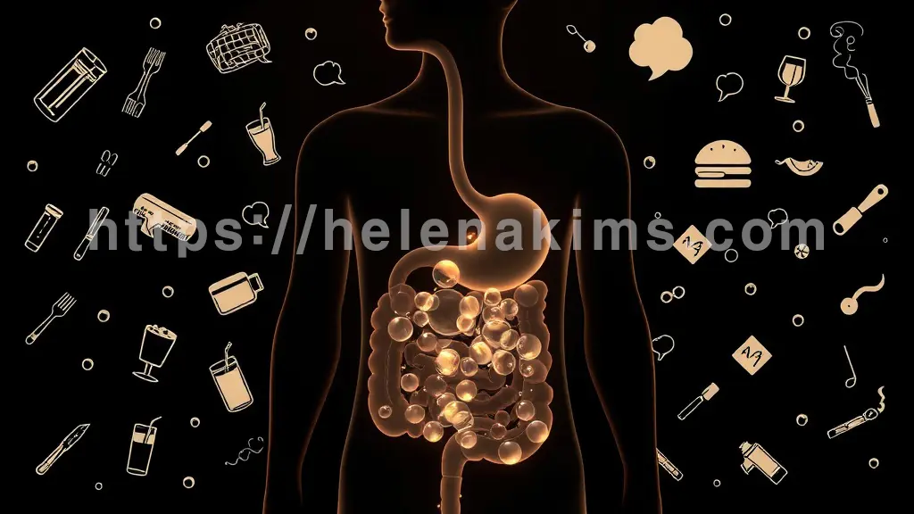 어두운 배경 중앙에 투명한 인체 위장 실루엣이 있고, 위장 주변에는 탄산음료, 빠르게 움직이는 식기, 말풍선, 빨대, 껌, 담배 연기를 상징하는 아이콘들이 흩어져 있다.