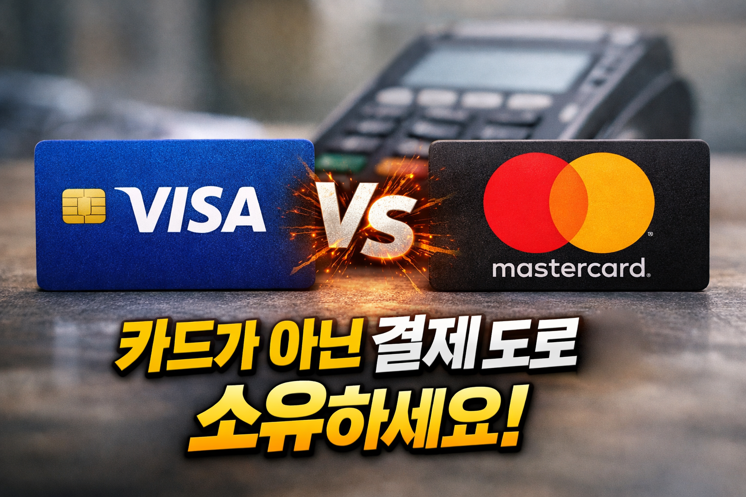 POS 단말기 앞에서 비자 카드와 마스터카드가 마주한 모습, 카드사가 아닌 결제 네트워크 기업 비교 이미지