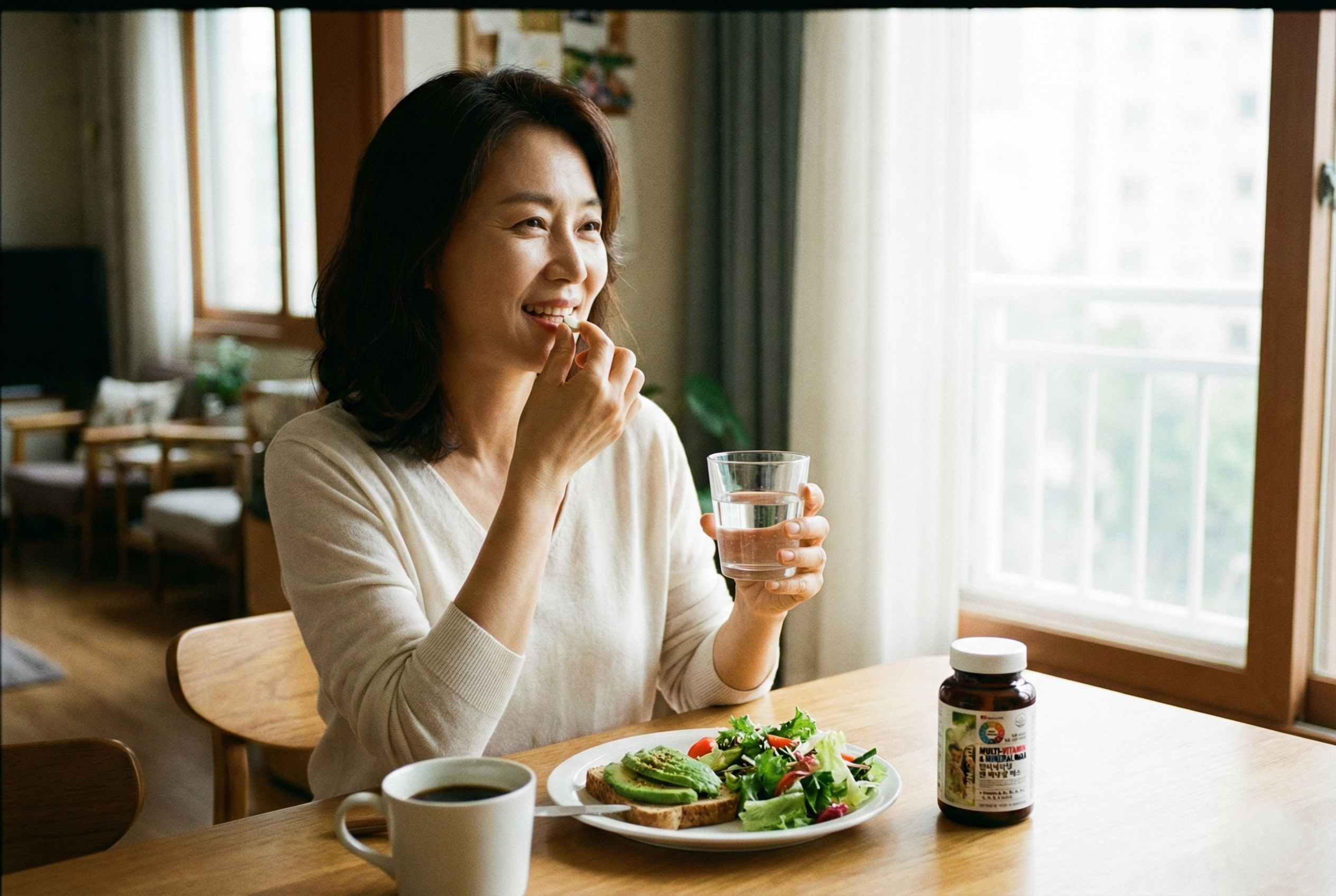 아침 식탁에서 물과 함께 멀티비타민을 삼키는 한국인 성인 여성의 모습