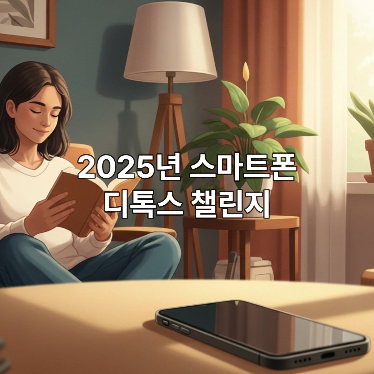 2025년, 따뜻한 햇살이 비치는 아늑한 방에서 스마트폰 없이 책을 읽으며 평화로운 시간을 보내는 사람의 모습.