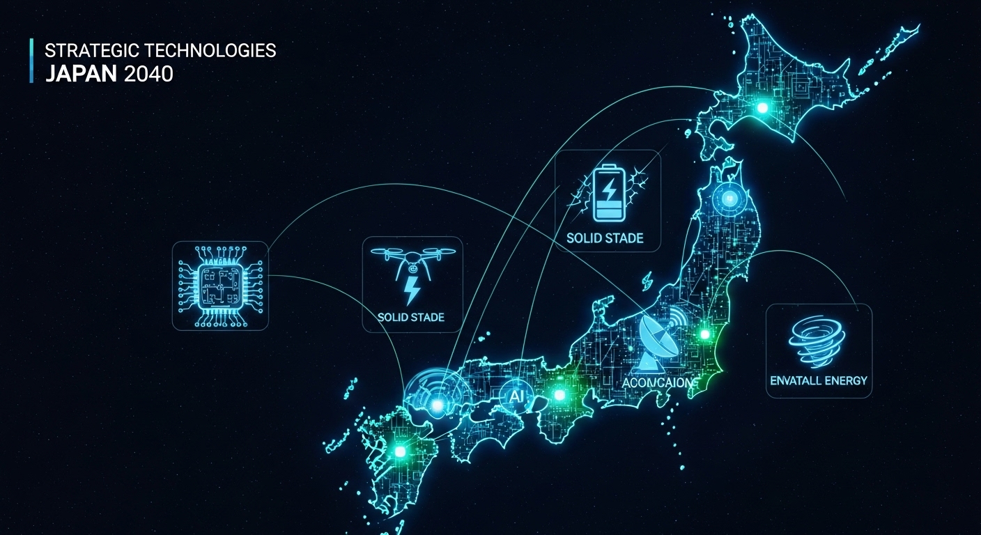 미래 기술(양자컴퓨팅, 전고체 배터리) 관련 아이콘들이 일본 지도를 배경으로 떠다니는 모습