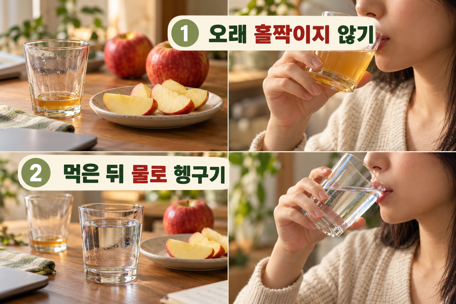 사과즙을 마신 뒤 잔을 치우고 물을 준비하는 장면.