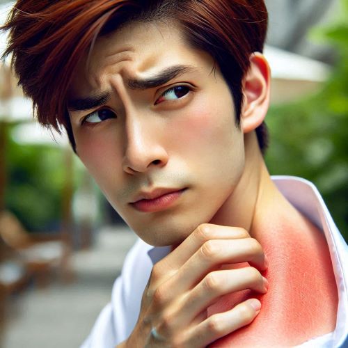 햇빛 알레르기로 피부가 발갛게 되어 가려워서 긁고 있는 젊은 남성