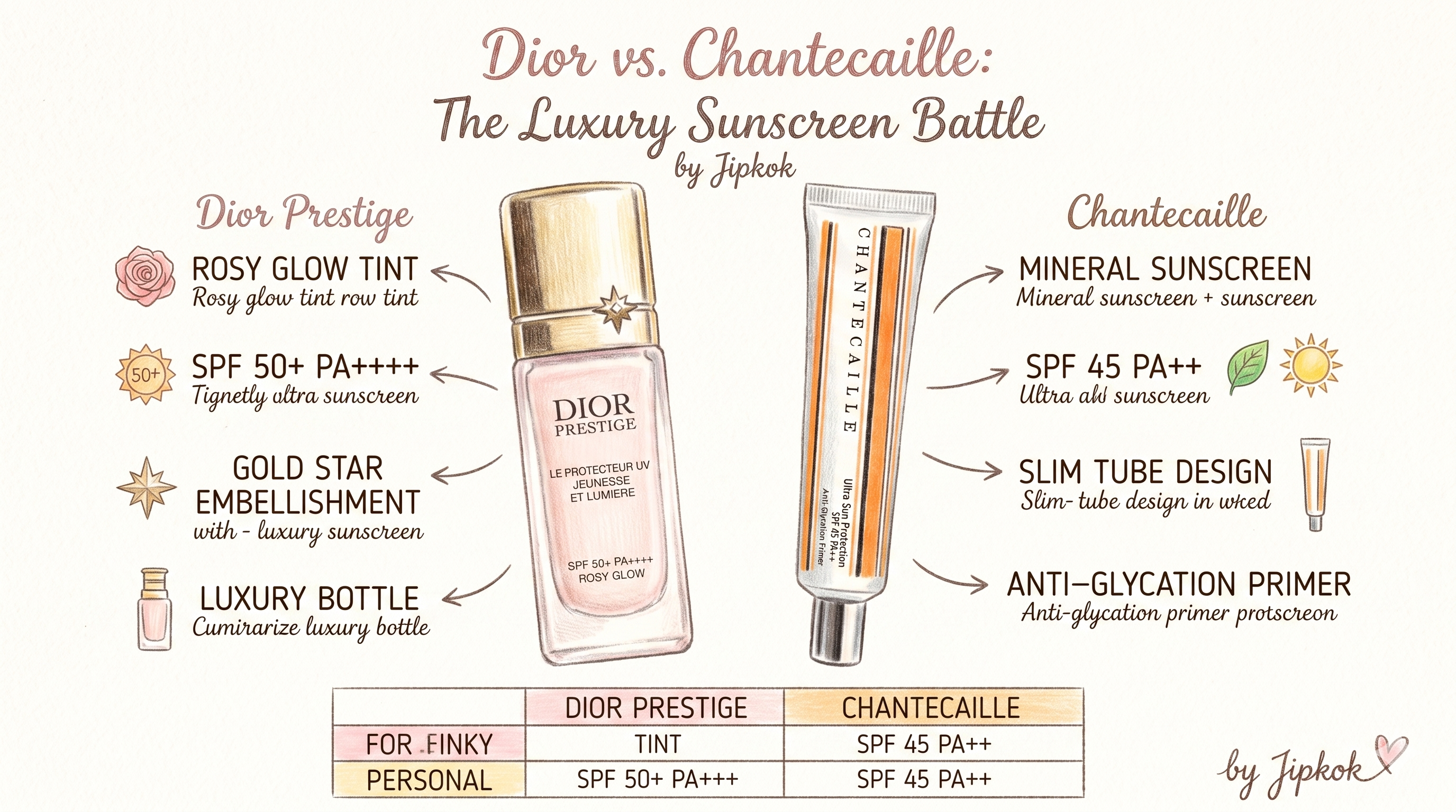 블로거 집콕이가 직접 그린 디올과 샹테카이 럭셔리 선크림 비교 색연필 일러스트(Comparison of Dior and Chantecaille luxury sunscreens color pencil illustration by Jipkok )