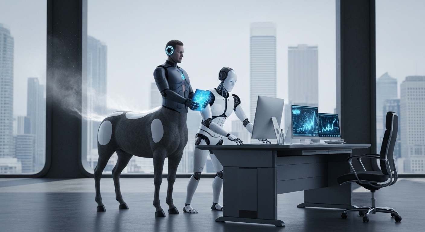 미래적인 작업 공간에서 인간과 로봇이 결합된 켄타우로스가 함께 일하는 모습. 인간의 직관과 AI의 분석력이 시너지를 내는 이상적인 협업을 나타낸다.
