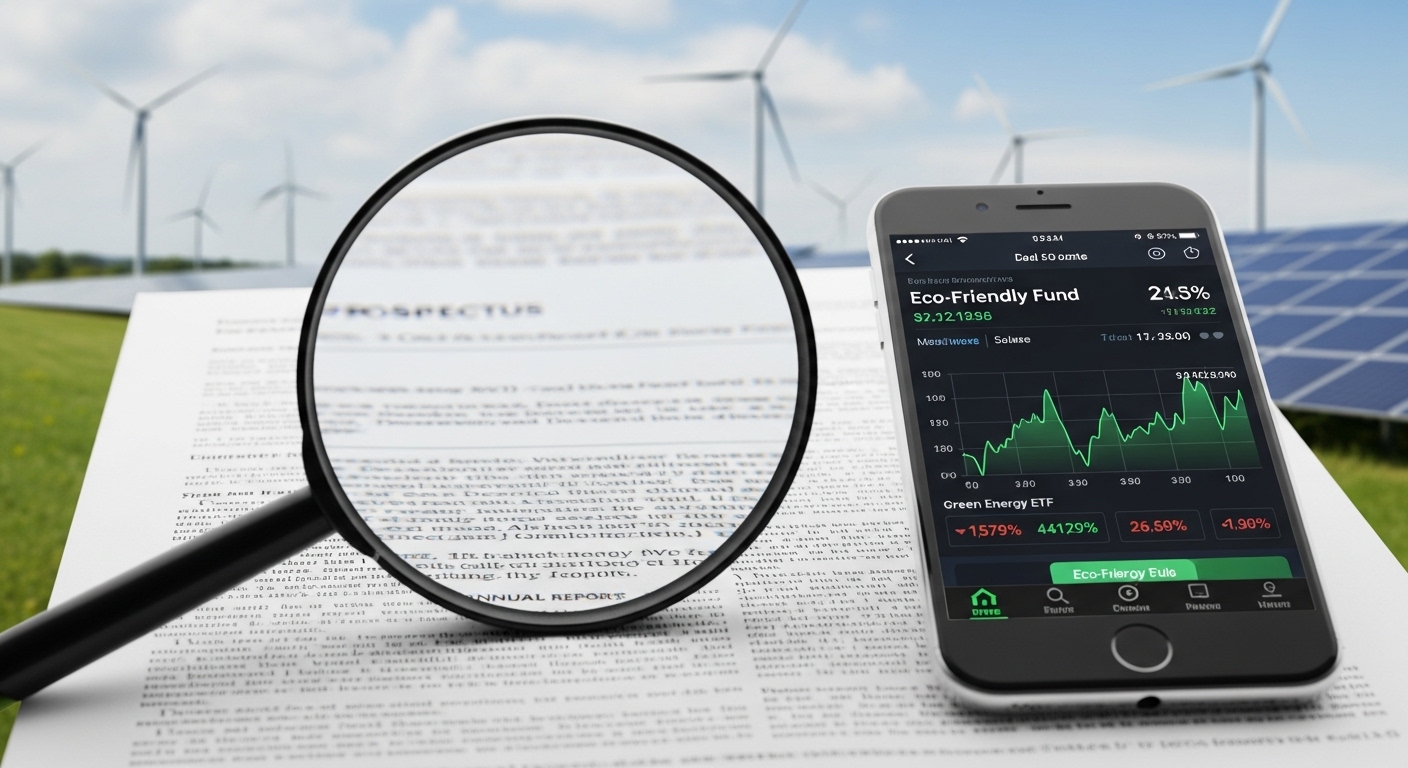 친환경 ETF 투자 전 꼼꼼한 확인의 중요성을 나타내는 이미지. 돋보기로 서류를 확인하고 스마트폰으로 투자 앱을 살펴보는 모습.
