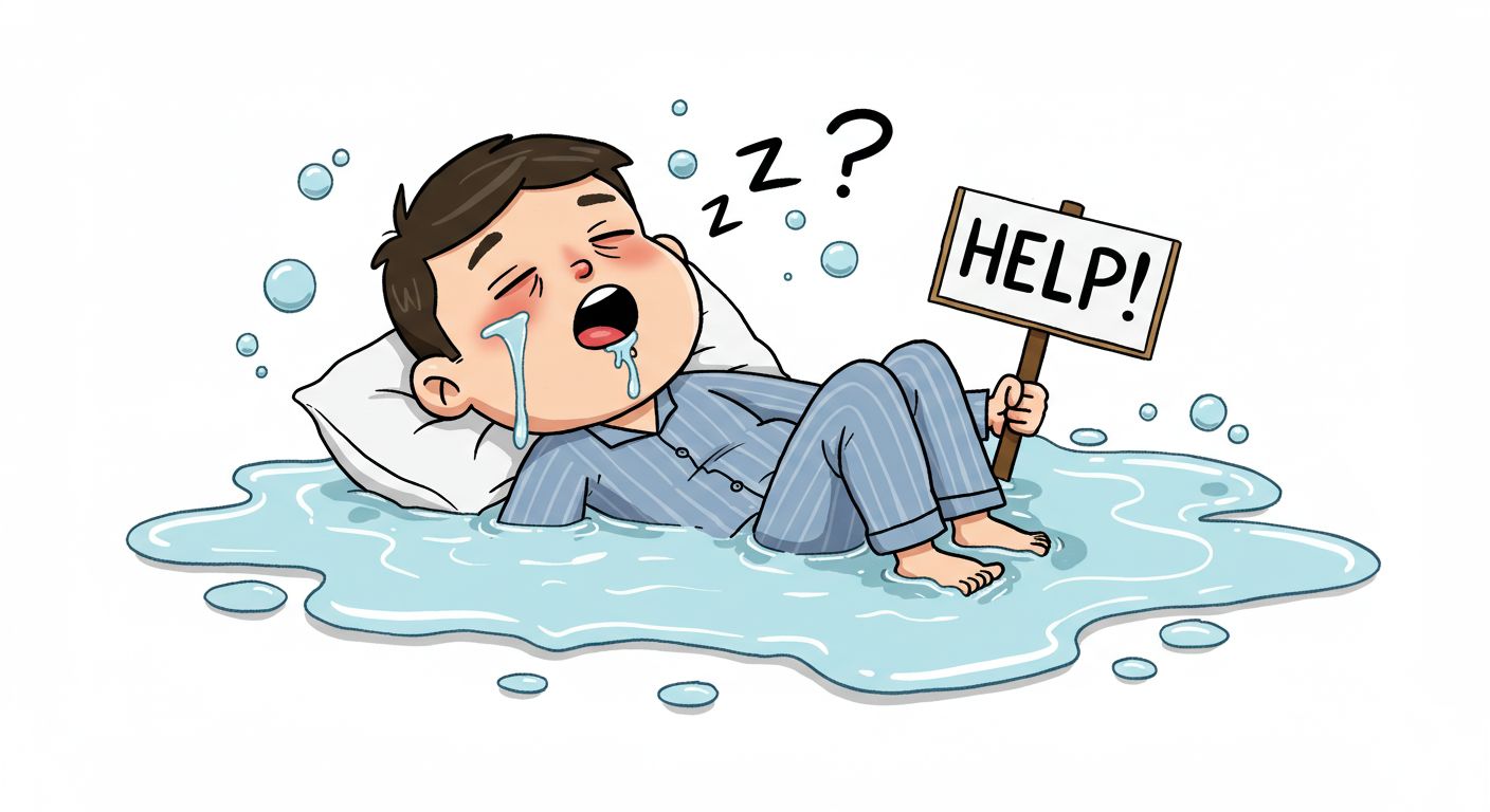 만화 스타일로 침에 잠긴 사람, 코 골며 'Help!' 팻말 들고 있는 유쾌한 그림 – 잘 때 침 고임, 수면 중 침 흘림 유머 표현, 수면 중 침 분비 많아짐