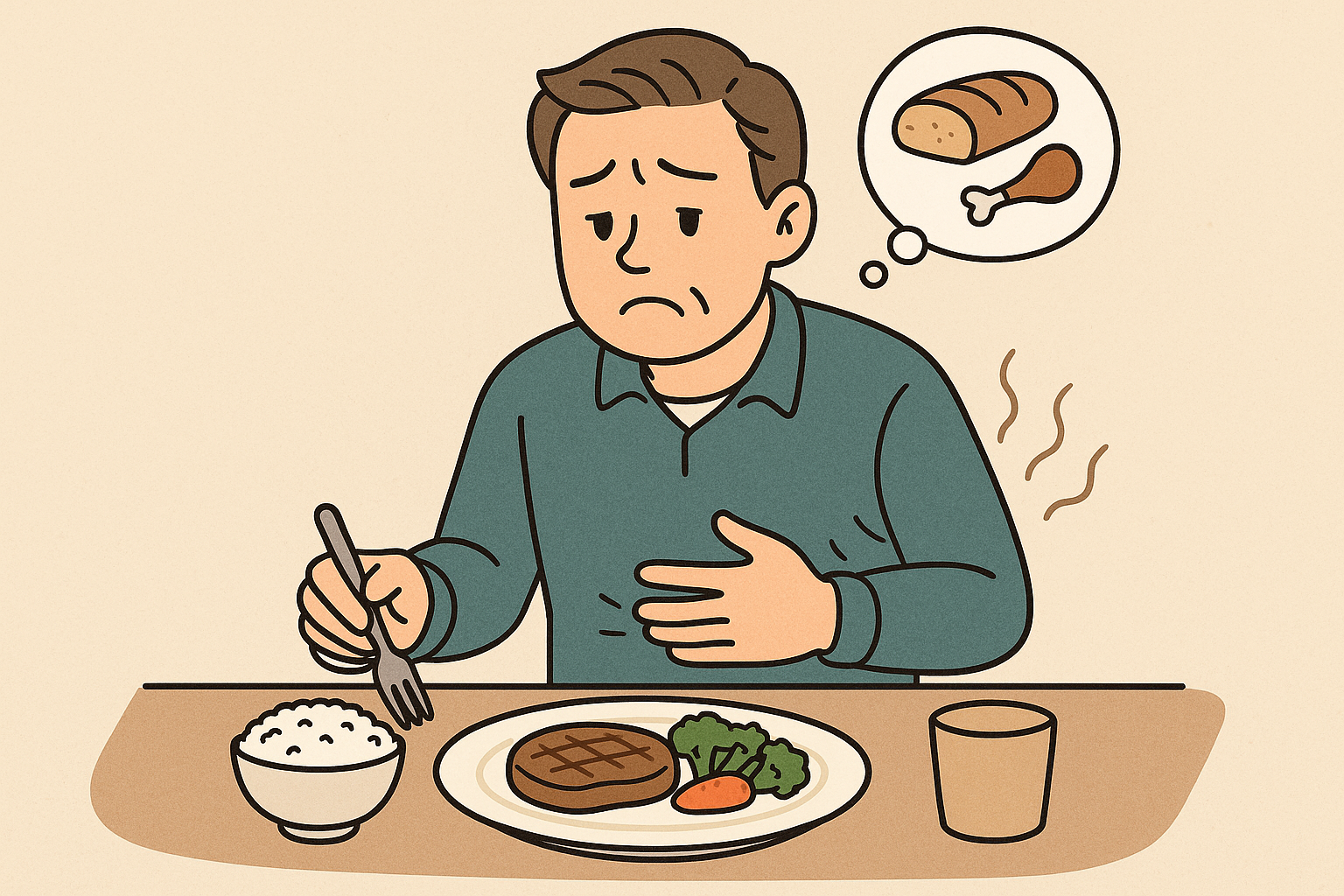 밥을 먹고도 배고파하는 사람 일러스트
