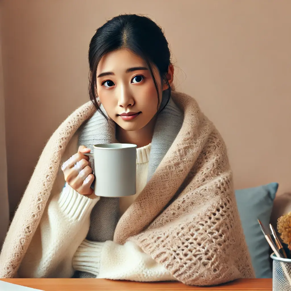 따뜻한 담요를 두르고 책상에 앉아 따뜻한 음료를 마시는 저체온 동양 여성
