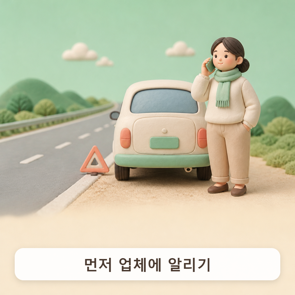 갓길에 세운 차 옆에서 침착하게 전화하는 사람