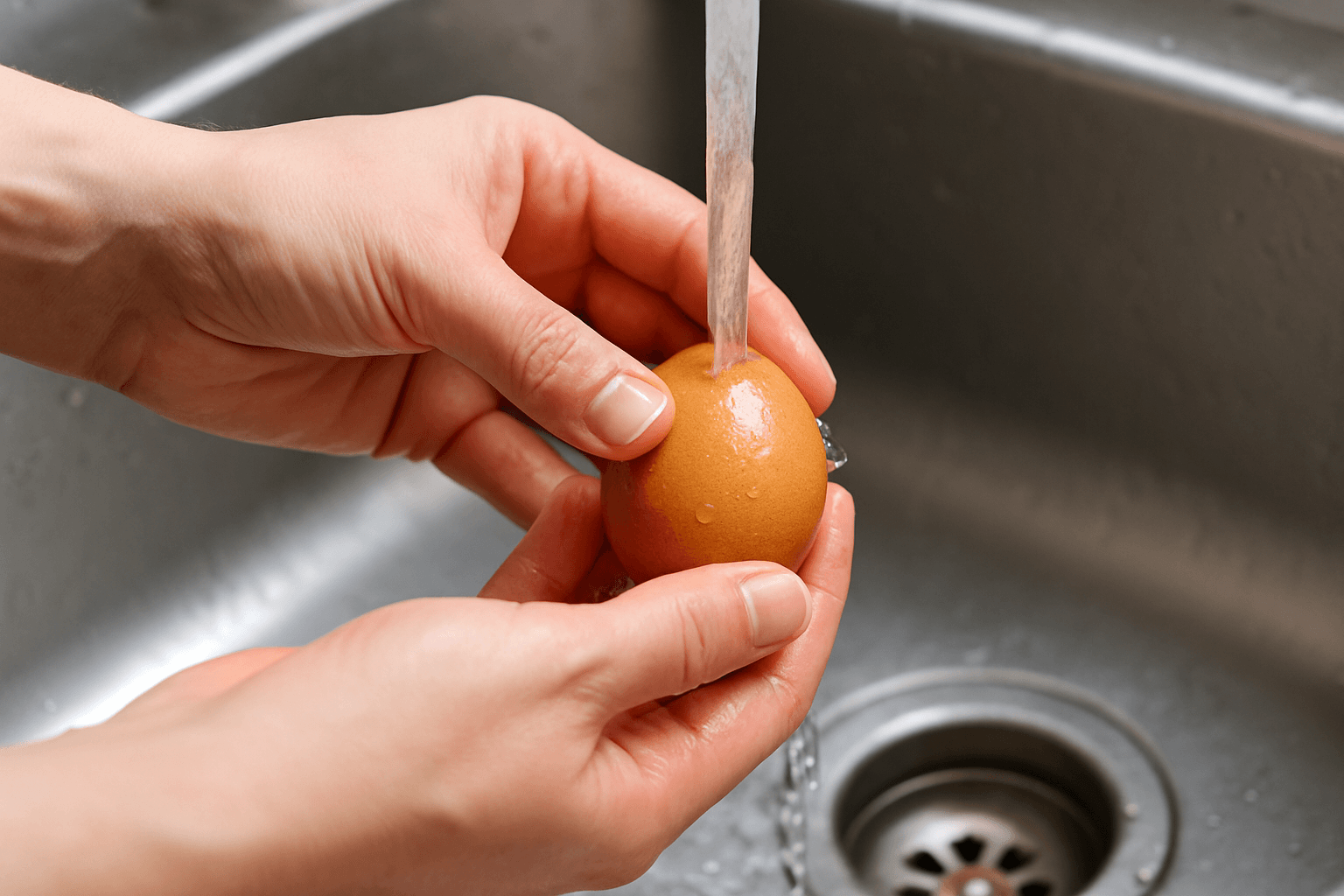 싱크대에서 손으로 달걀을 흐르는 물에 씻고 있는 모습