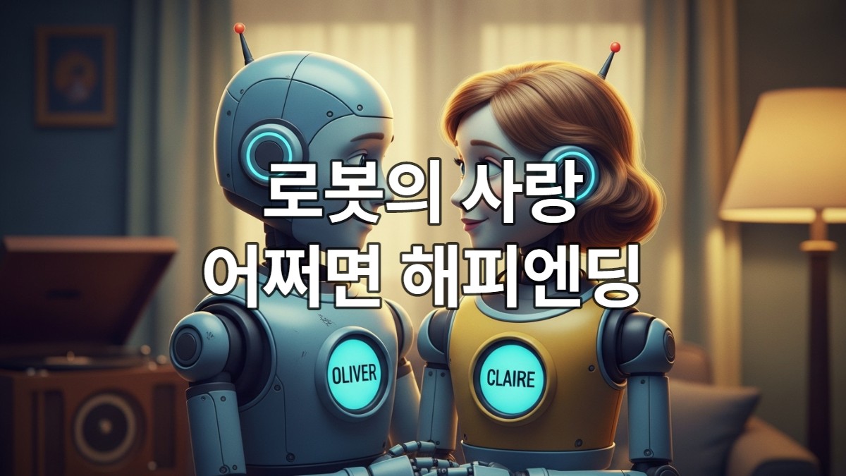 뮤지컬 '어쩌면 해피엔딩'의 주인공 로봇 올리버와 클레어가 서로를 애틋하게 바라보는 모습. 따뜻하고 감성적인 분위기로 로봇의 사랑을 표현한 메인 이미지.