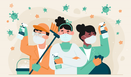 바이러스와 싸우는 마스크 낀 세 사람을 나타낸 일러스트