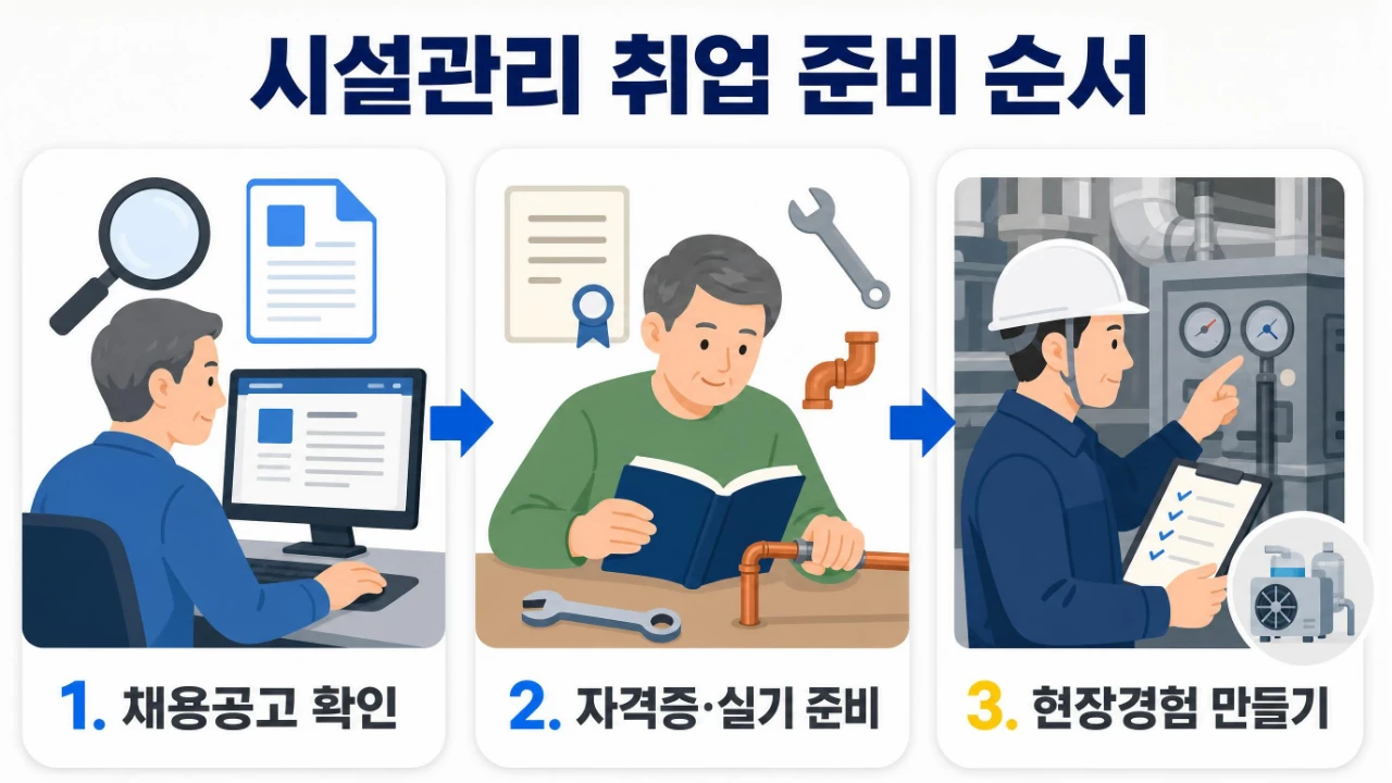 50대 비전공자의 시설관리 취업 준비 순서를 설명한 이미지