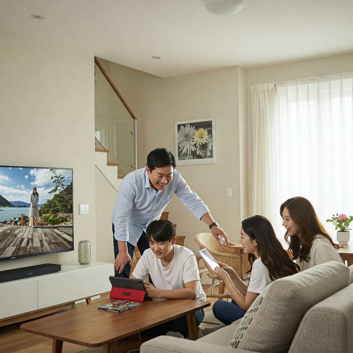 korean_family_tv_internet.jpg
alt 설명: 한국인 아버지, 어머니, 십대 자녀 두 명이 밝고 넓은 거실에서 대형 평면 TV를 둘러싸고 있는 모습입니다. 아버지는 밝은 파란색 버튼다운 셔츠를 입고 아이들과 함께 웃고 있습니다. 긴 머리를 가진 어머니는 태블릿을 스크롤하고 있습니다. 아이들은 모바일 장치로 게임을 하고 있습니다. 미니멀한 스타일로 디자인된 방은 전통적인 예술과 장식의 미묘한 힌트와 함께 한국적 유산을 보여줍니다. 빛은 따뜻하고 부드러워 가족의 따뜻함과 행복을 강조합니다. 배경은 부드러운 색상으로 되어 있으며 가족의 활기찬 에너지를 향상시킵니다.