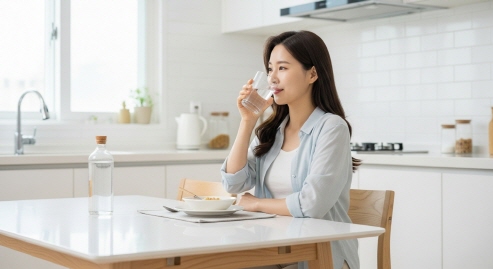 식사 후 물 한 잔 마시는 여성