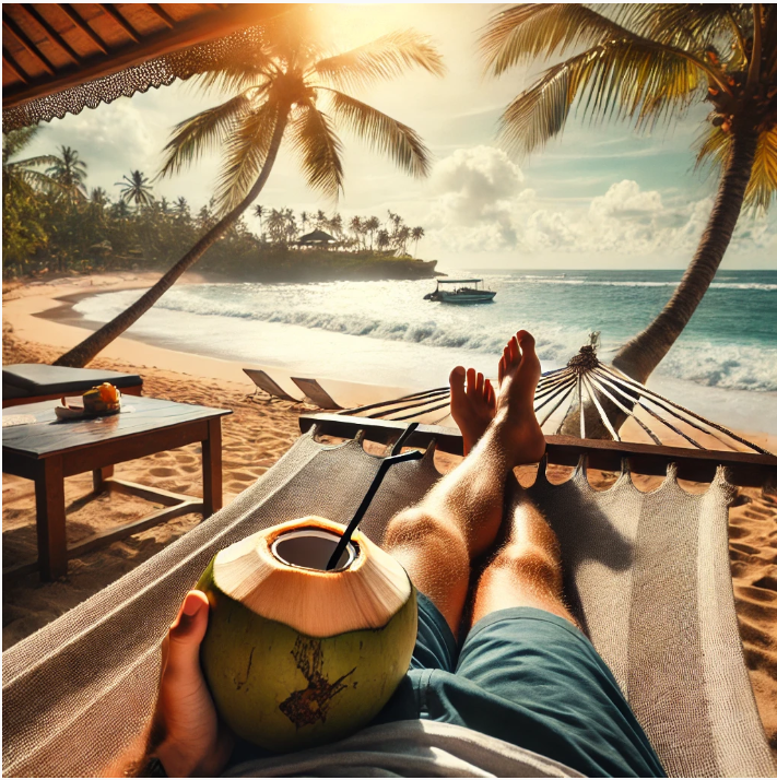 야자나무가 있는 해변에서 썬베드에 누워서 휴식을 취하는 모습