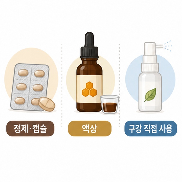 프로폴리스 캡슐과 액상, 구강 분사형 제품을 통해 제형별 섭취방법 차이를 보여주는 이미지