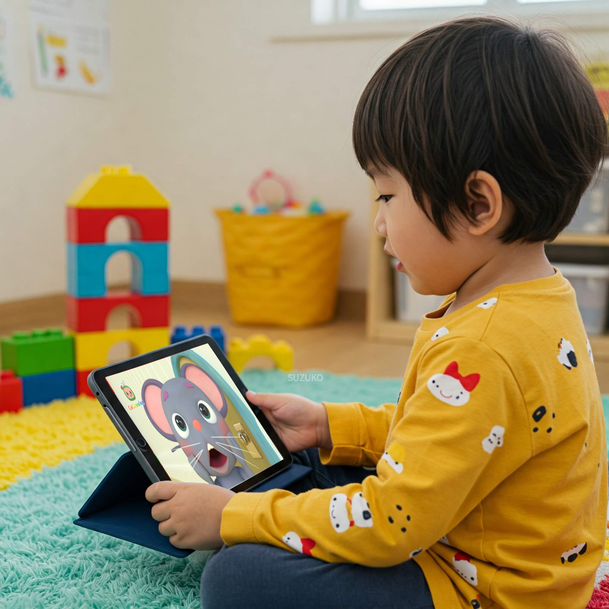 패드로 유튜브를 보고 있는 어린 아이