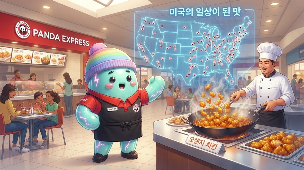 쫀쿠가 현대적인 쇼핑몰 푸드코트에 위치한 팬다익스프레스 매장 앞에 서 있습니다. 쫀쿠는 팬다익스프레스 유니폼을 입고 있으며, 미국 전역으로 뻗어 나간 매장 네트워크를 보여주는 거대한 터치스크린 지도 앞에서 자랑스러운 표정을 짓고 있습니다. 그의 뒤로는 거대한 웍에서 방금 튀겨낸, 윤기가 흐르는 '오렌지 치킨'이 산더미처럼 쌓여 있고, 수많은 미국인 손님들이 줄을 서서 이를 기다리고 있습니다.