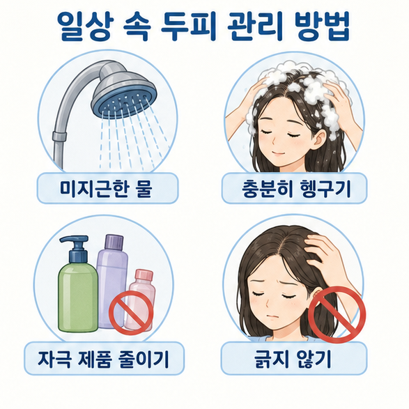 미지근한 물 사용과 충분히 헹구기, 자극 제품 줄이기, 긁지 않기 등 두피 관리 방법을 보여주는 이미지