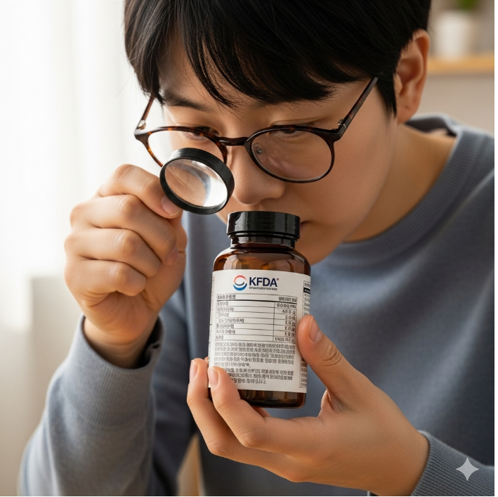 한 사람이 영양제 병의 라벨을 돋보기로 꼼꼼하게 살피고 있다. 라벨에는 식약처 인증 마크와 성분표가 자세히 적혀있다.