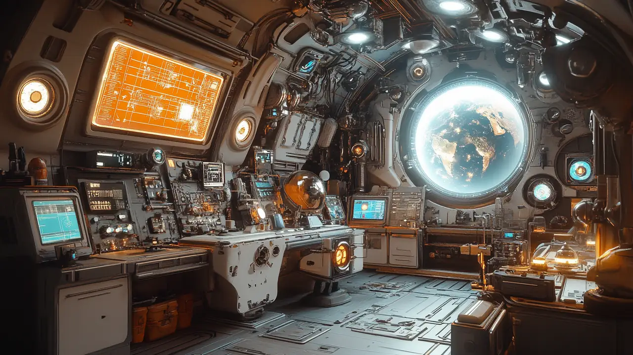 미래 지향적인 우주 산업 환경에서 다양한 기술이 펼쳐져 있으며, 무한한 가능성과 탐구의 감성을 불러일으키는 장면. 연한 조명 아래 광대한 인프라가 드러나 2025 투자 테마로서의 우주 산업의 잠재력을 강조합니다.