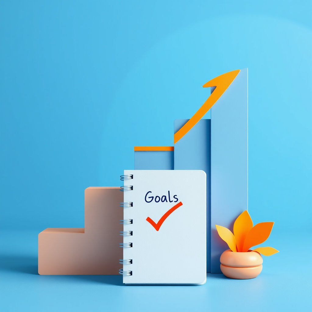 계단식 상승 그래프위 체크 표시된 목표 노트, 신뢰감을 주는 푸른색 계열과 활기 있는 주황 포인트