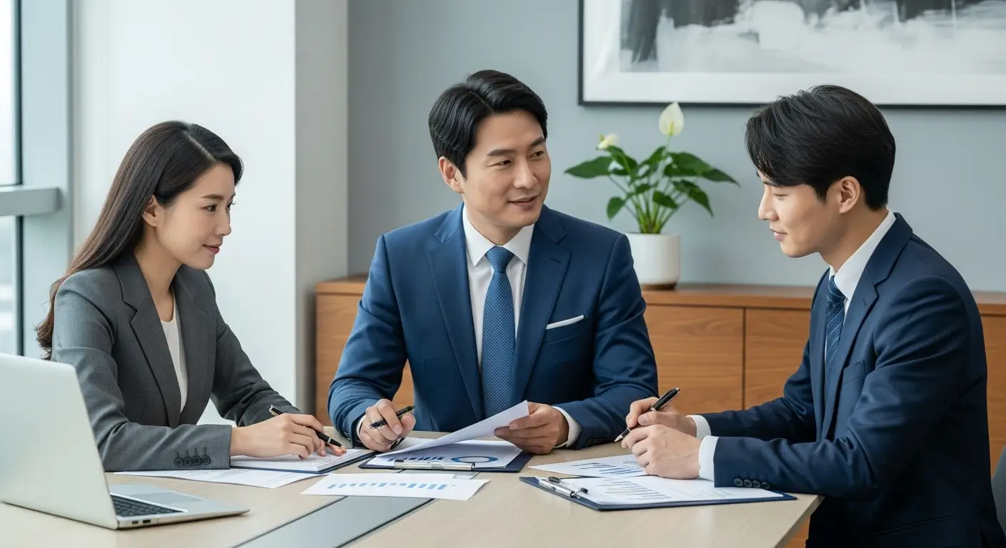 한 한국인 다주택자가 세무사, 금융 전문가와 함께 팀을 이루어 최적의 해결책을 찾는 모습