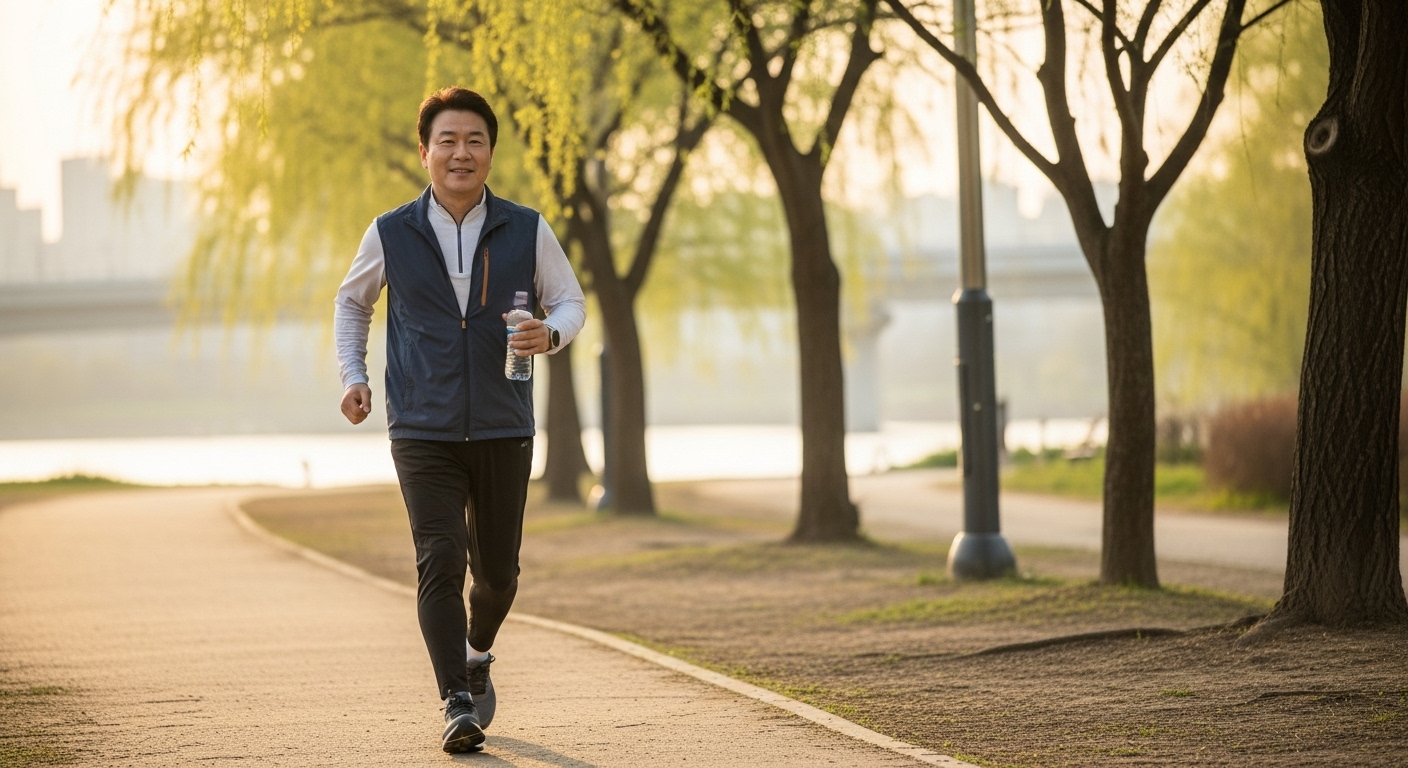 고지혈증 개선을 위해 아침 공원에서 빠르게 걷는 한국 중년 남성