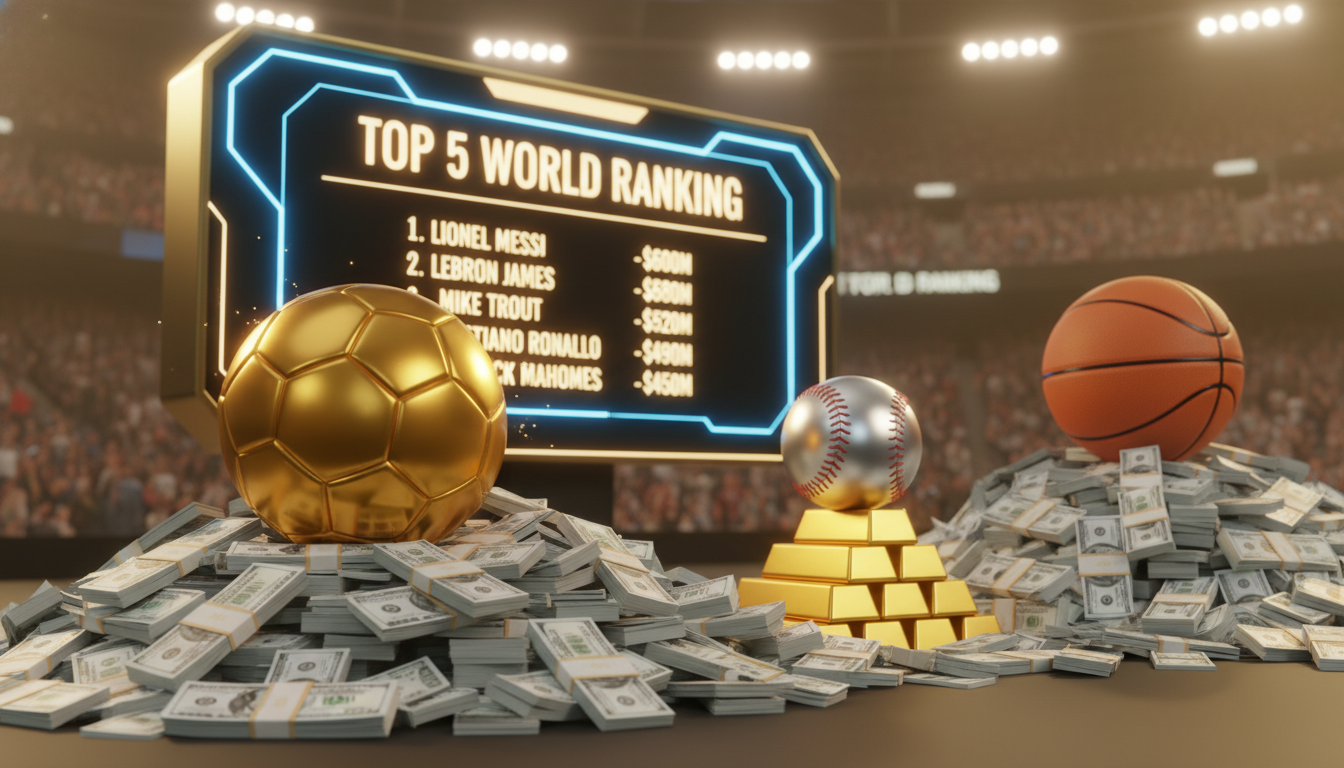 축구공, 야구공, 농구공이 지폐와 금괴 위에 놓여 있고, 배경에 TOP 5 WORLD RANKING 문구가 적힌 전광판이 있는 3D 일러스트