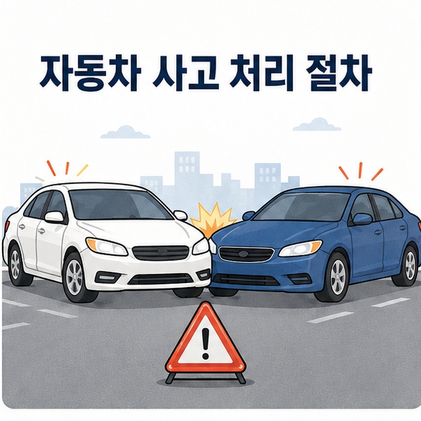 접촉사고가 발생한 두 차량과 비상등으로 자동차 사고 처리 절차를 안내한 이미지