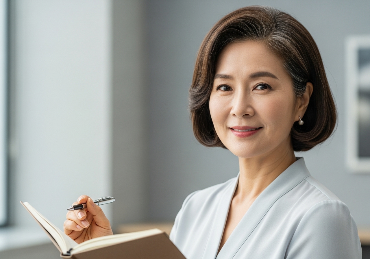 50대 한국인 여성, 정장 블라우스, 노트북 들고 있음