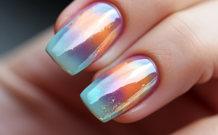 열정적인 컬러감이 느껴지는 주황색, 민트색, 보라색 조합의 네일아트