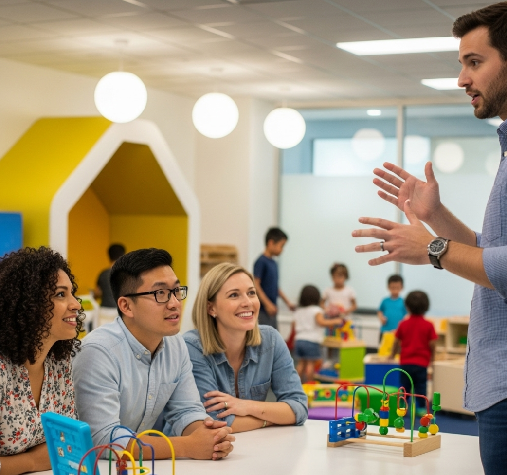 아이들은 놀이를 하고 있고 부모들이 교육을 듣고 있는 사진