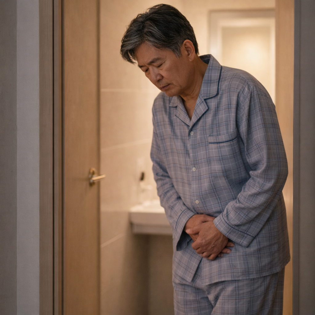 소변을 시작하기 어렵고 배뇨가 불편한 상황을 간접적으로 표현한 이미지