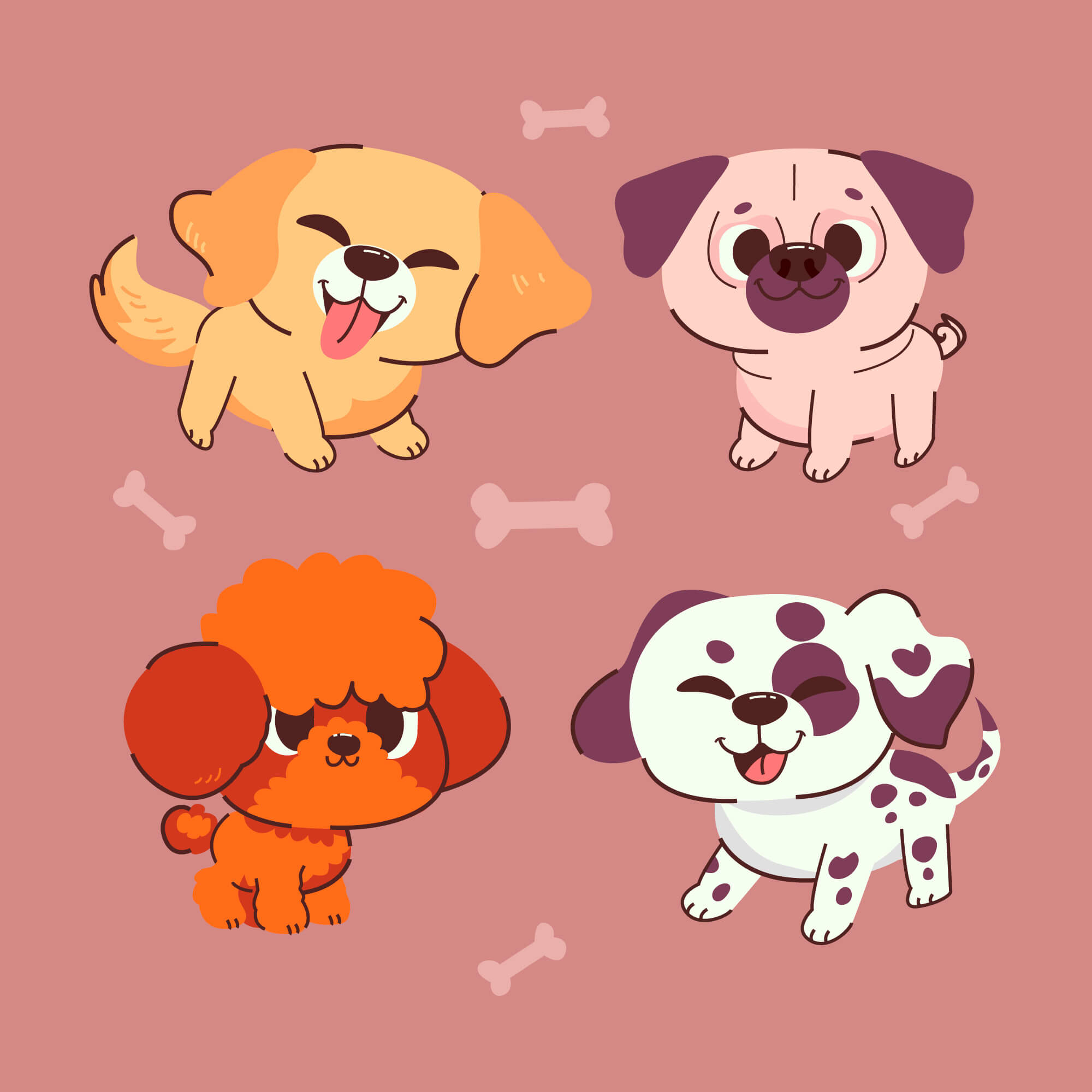 각기 다른 색의 4마리 강아지 그림