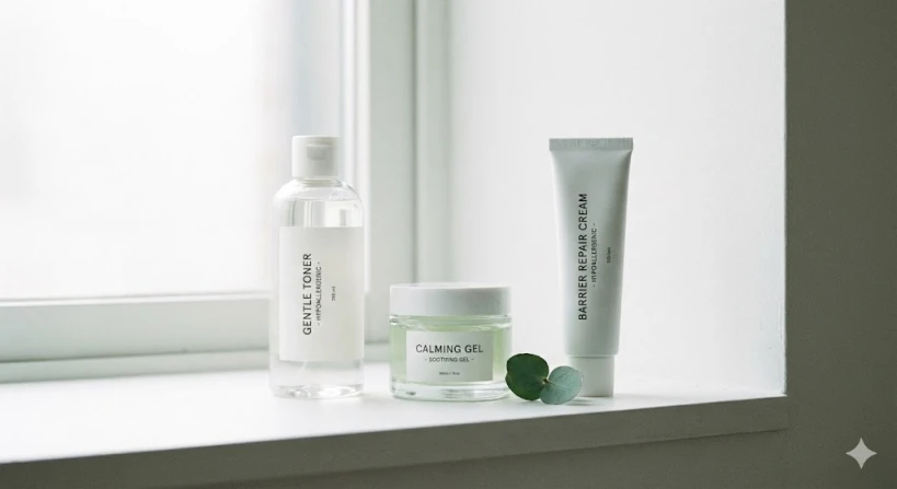 흰색 선반 위에 저자극성 토너, 수딩 젤, 장벽 크림이 깔끔하게 정리되어 있는 정물 사진입니다. 용기 디자인은 심플하며, 옆에 작은 초록색 잎사귀가 놓여 있어 자연스럽고 순한 느낌을 줍니다. 부드러운 빛이 제품들을 비추고 있습니다.