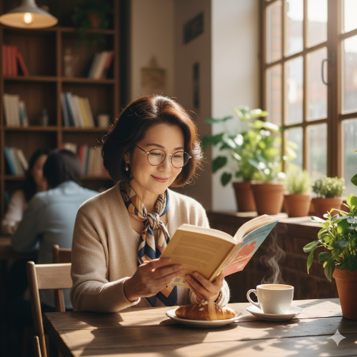 카페에서 스마트폰 대신 책을 읽으며 여유로운 시간을 보내는 모습