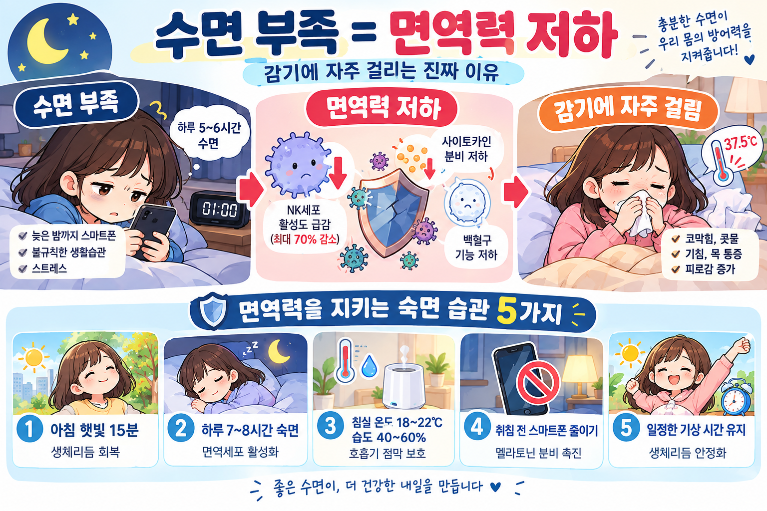 수면 부족과 면역력 저하 감기 원인 및 면역력을 지키는 숙면 습관 5가지 요약 인포그래픽