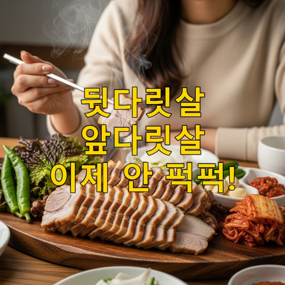 김이 모락모락 나는 부드러운 돼지고기 보쌈과 신선한 쌈 채소, 김치가 정갈하게 차려진 한국의 식탁 풍경