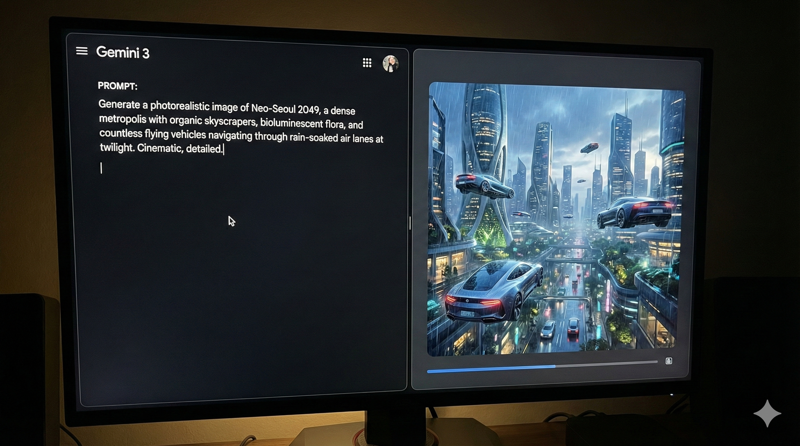 제미나이 3의 Imagen 3 기능을 통해 텍스트 프롬프트가 실사급 고화질 미래 도시 이미지로 즉시 생성되는 화면.