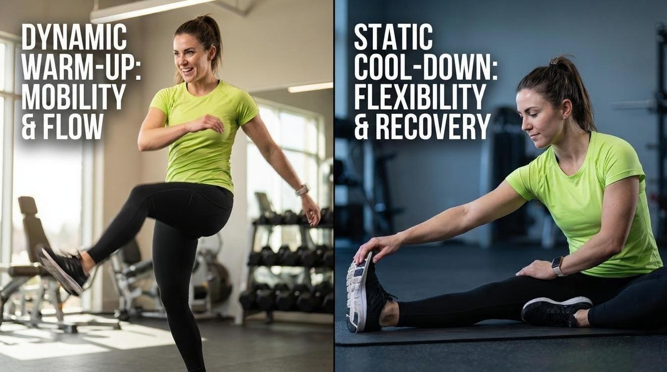 운동 전 관절의 가동 범위를 넓히는 동적 움직임과 운동 후 근육의 긴장을 해소하는 정적 이완 동작을 대비하여 보여주는 전문가의 이미지