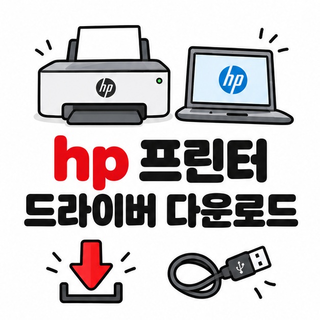 HP 프린터와 노트북 다운로드 아이콘 옆에 hp 프린터 드라이버 다운로드 문구를 크게 보여주는 대표 카드