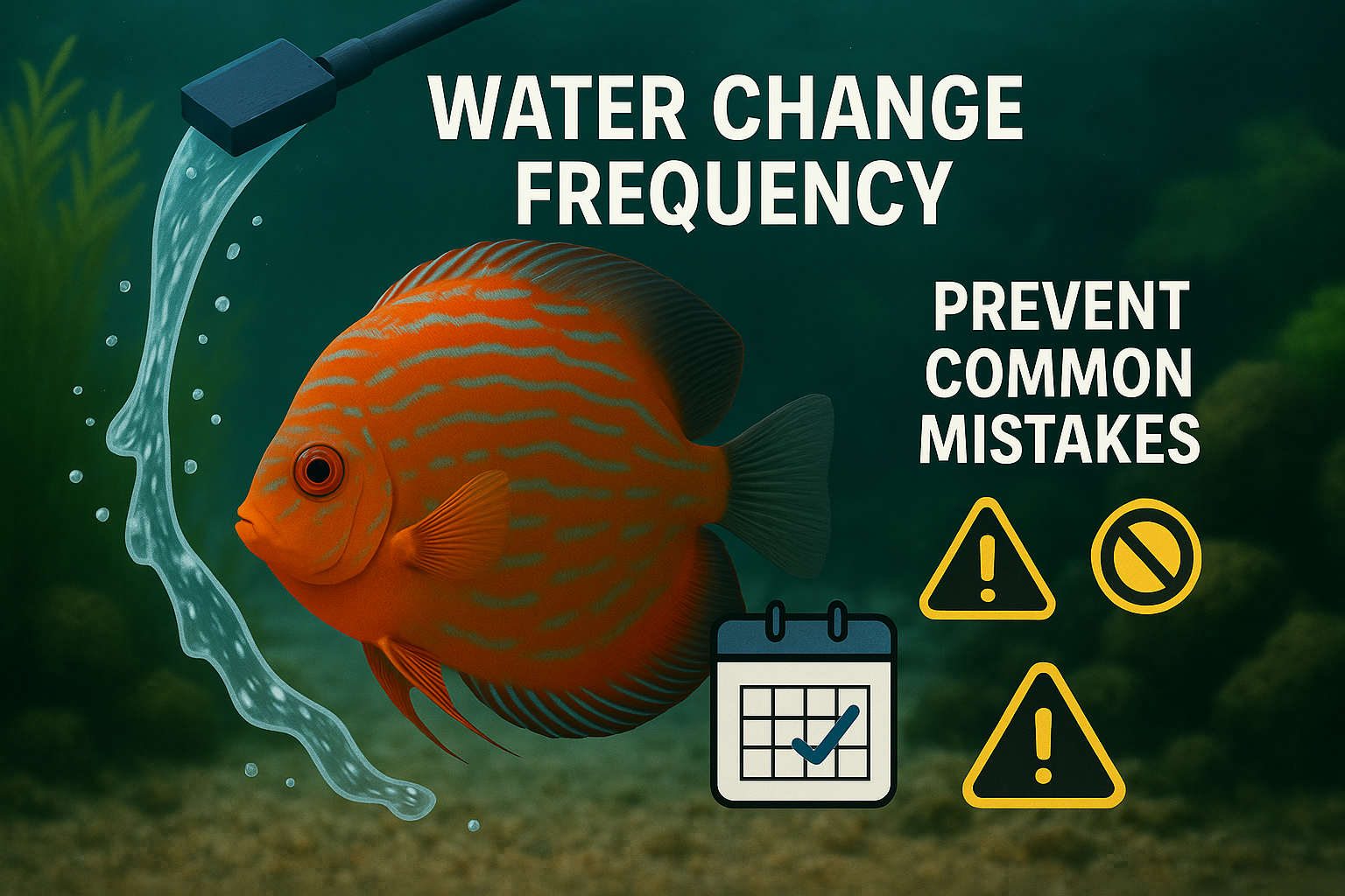 어항의 물을 조심스럽게 교체하는 모습, 깨끗한 물과 사용 중인 수조 청소 도구, 그리고 실수를 방지하기 위한 체크리스트가 함께 있는 장면