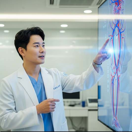 다리 부종의 원인을 설명하는 의사 사진